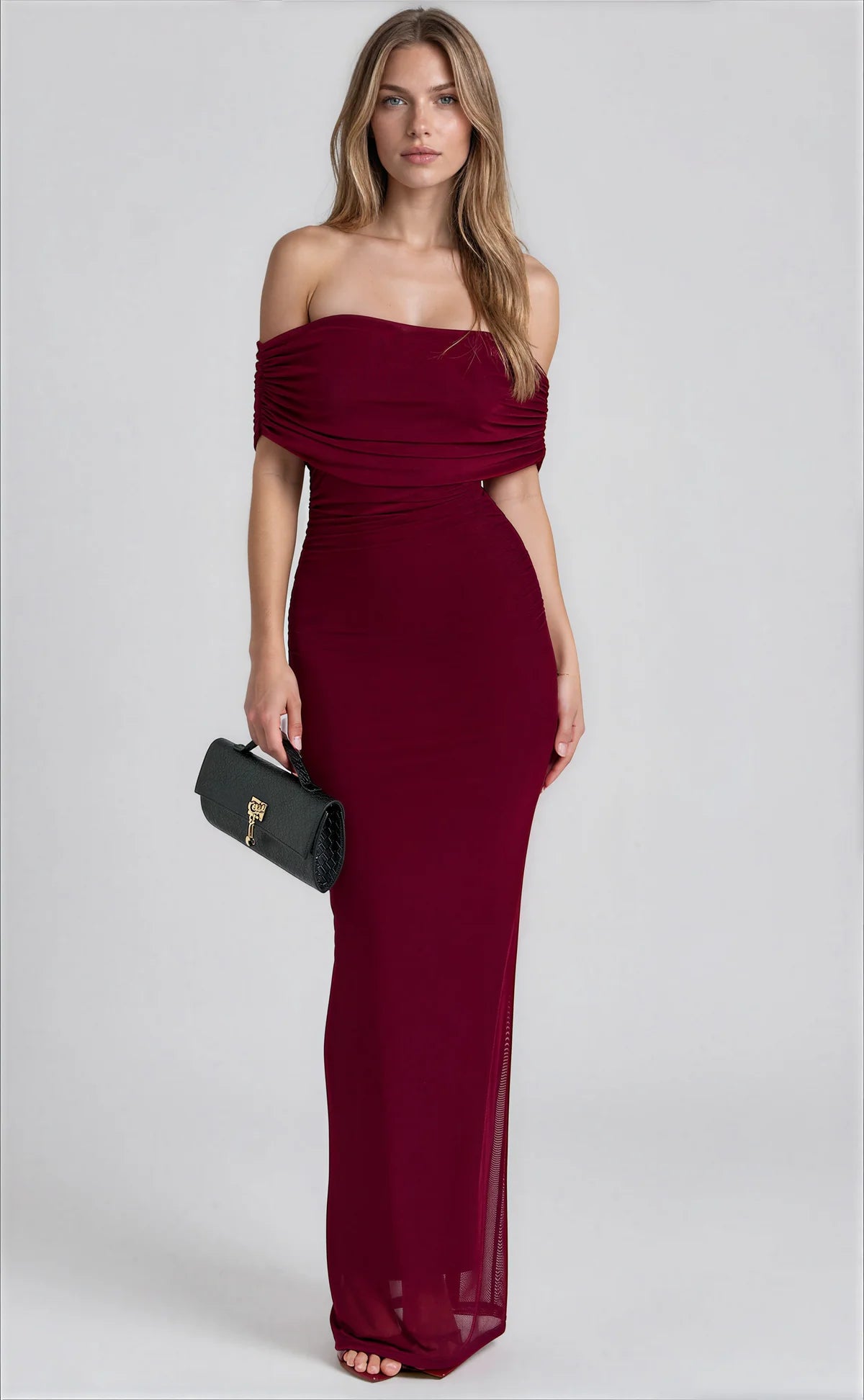 Off Shoulder Mesh Maxi Dress // Wine