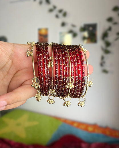 Dark Red // Rain Drop 12 Bangles + 4 Ghungroo Set