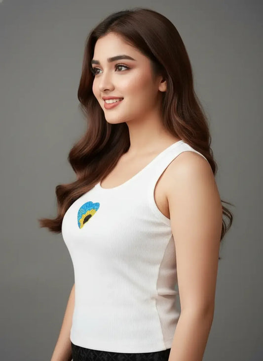 Sunflower Heart Beaded Tank Top // White
