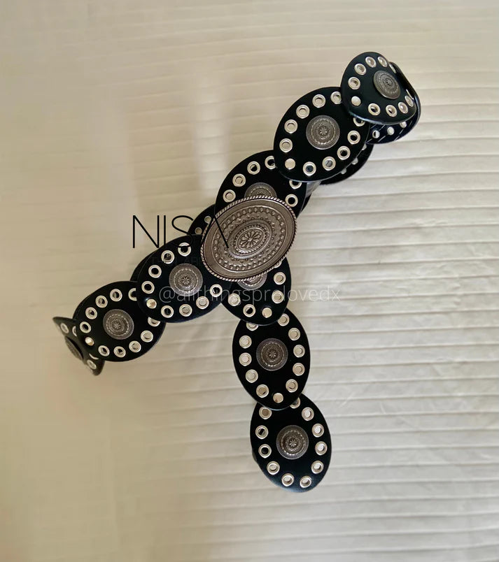 Vintage Oval Disc Belt 002 // Black & Silver
