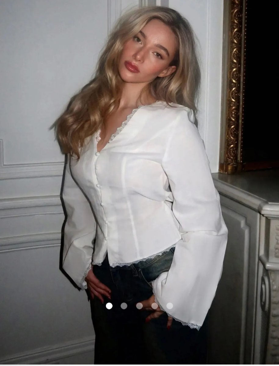 Lace Trimmed Placket Shirt // White