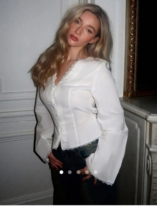 Lace Trimmed Placket Shirt // White