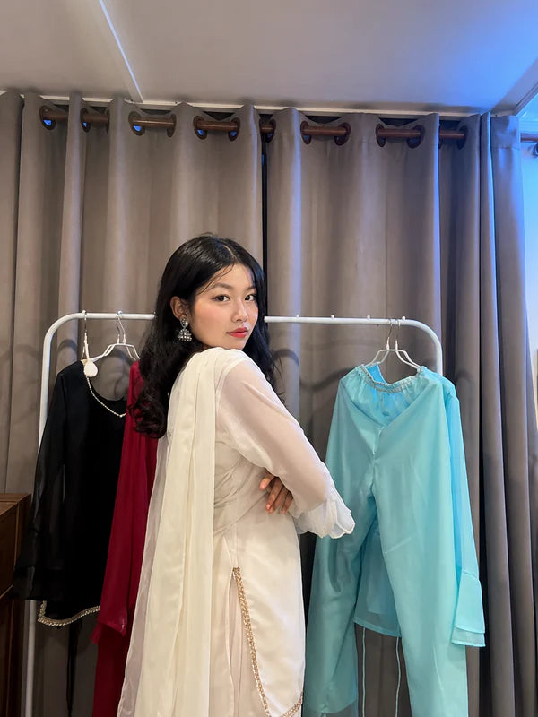 Off White // 3pc Kurta Set with Palazzo & Dupatta (Sheer Sleeves)