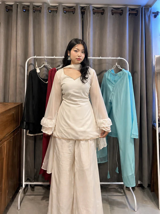 Off White // 3pc Kurta Set with Palazzo & Dupatta (Sheer Sleeves)