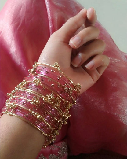 Pink // Kashmiri 12 Bangles + 4 Ghungroo Set