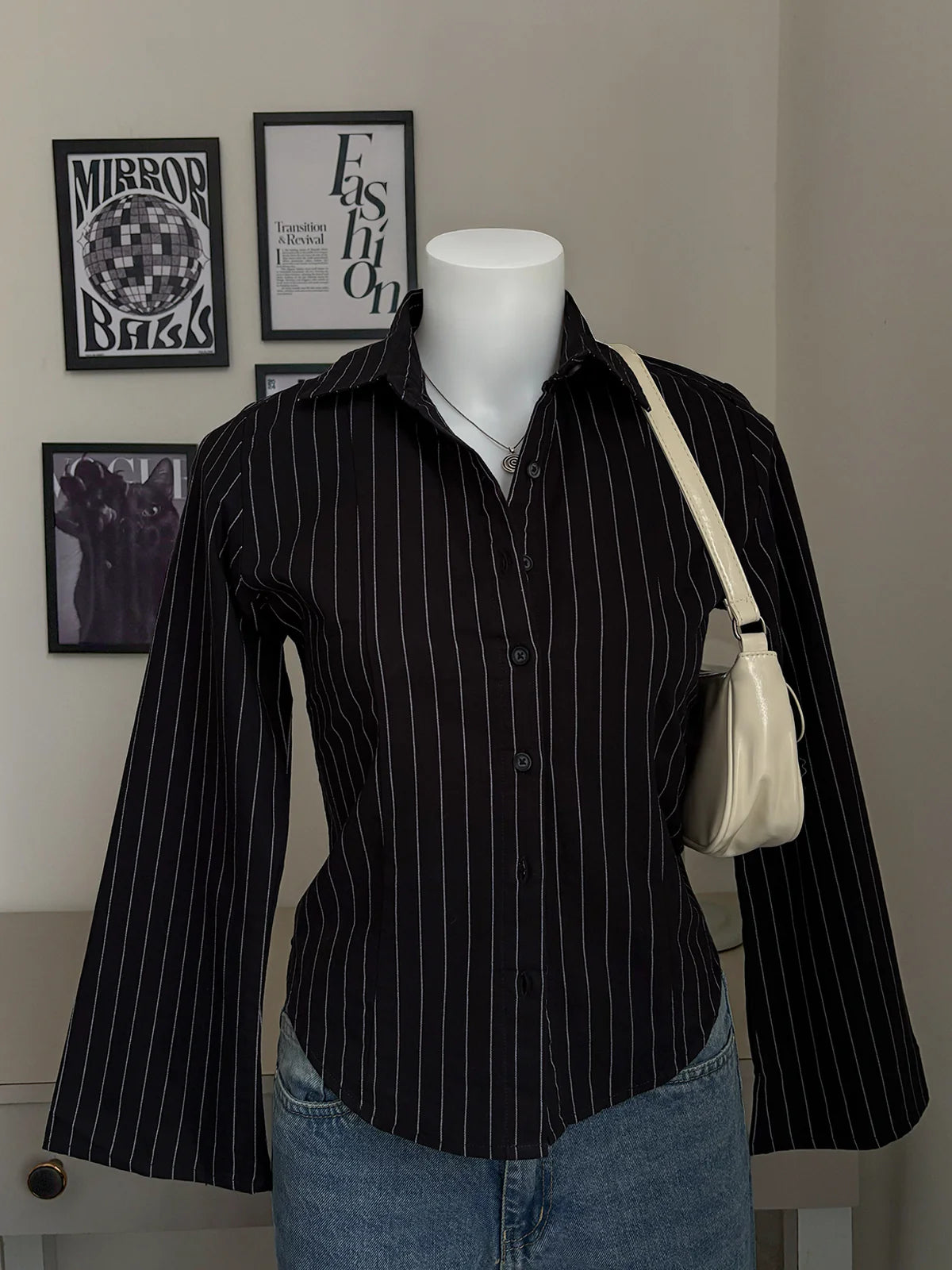 Black // Striped Flared Sleeve Shirt