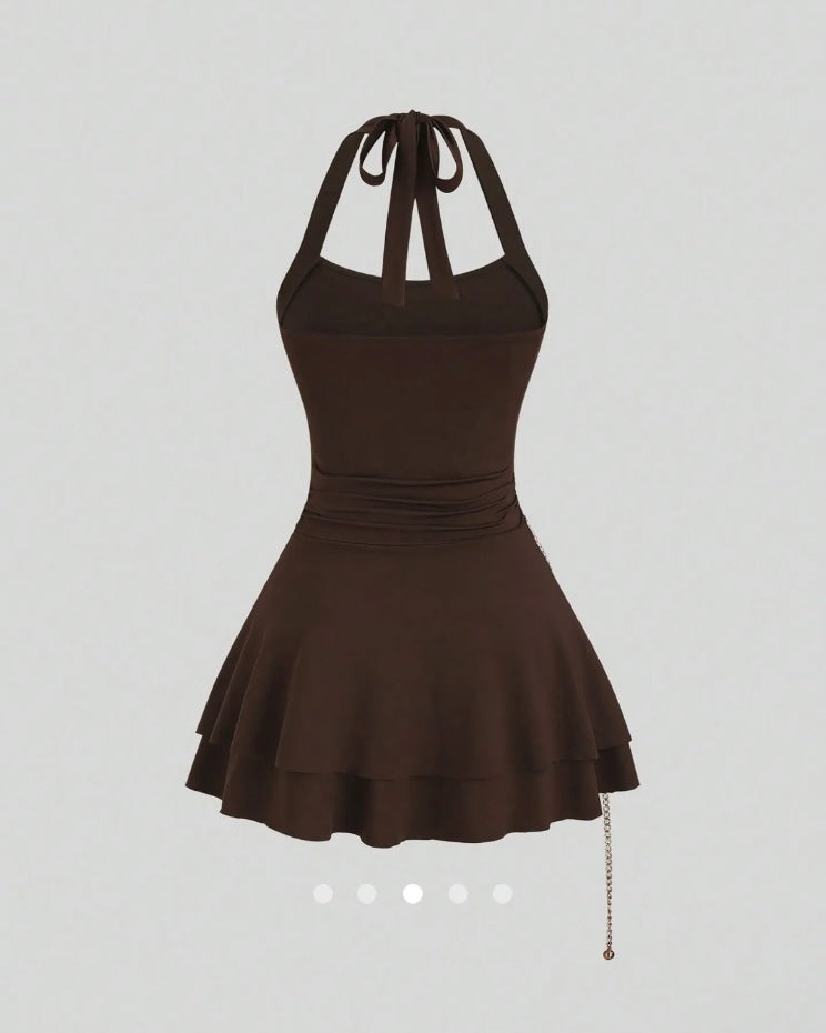 Tie Detail Dress with Chain // Brown