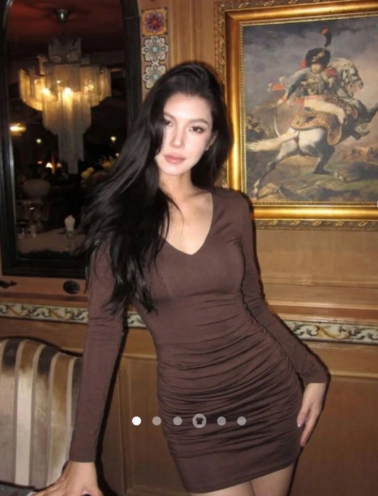 Gathered Bodycon Dress // Brown