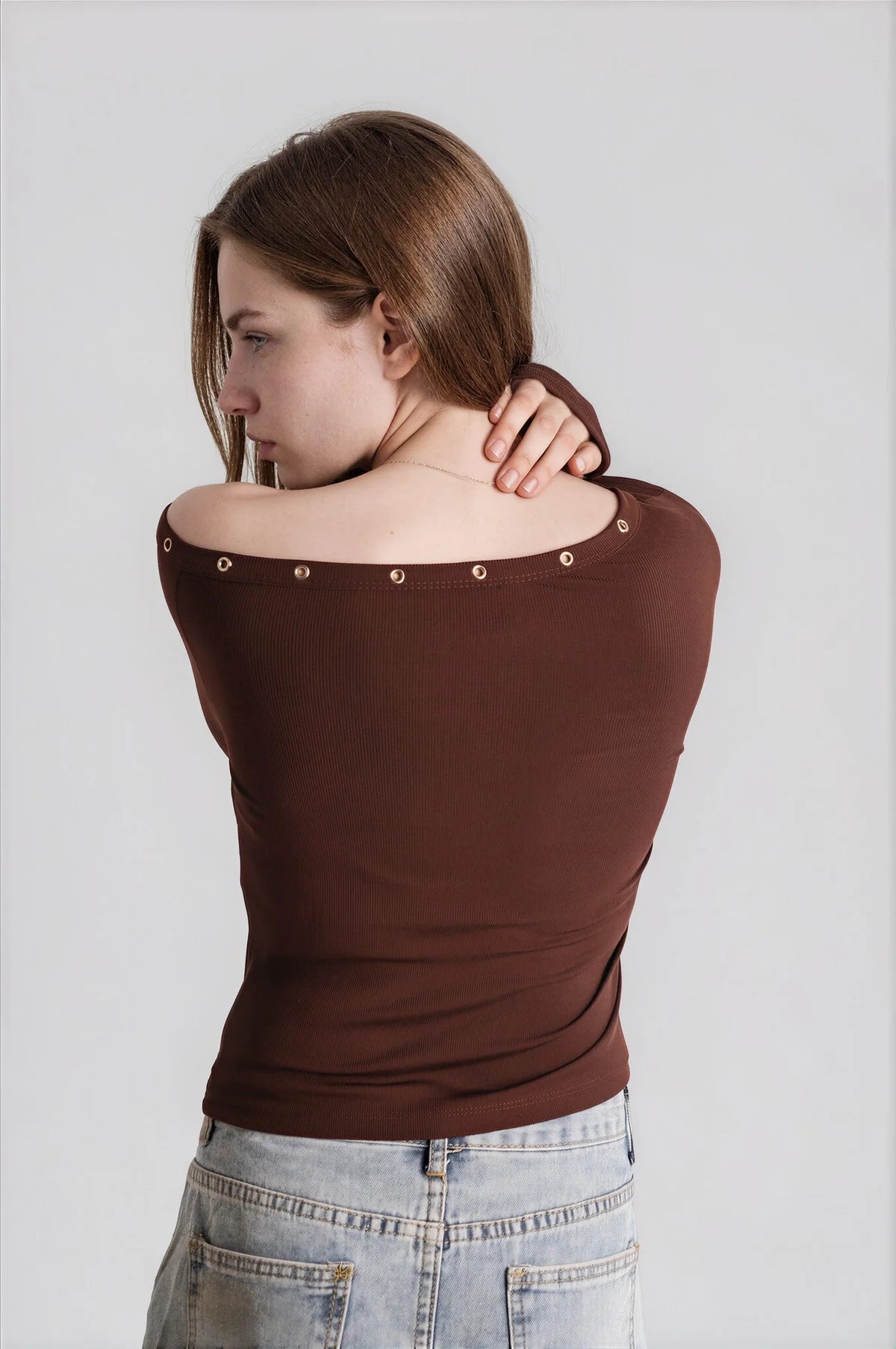 Eyelets One Shoulder Top // Brown