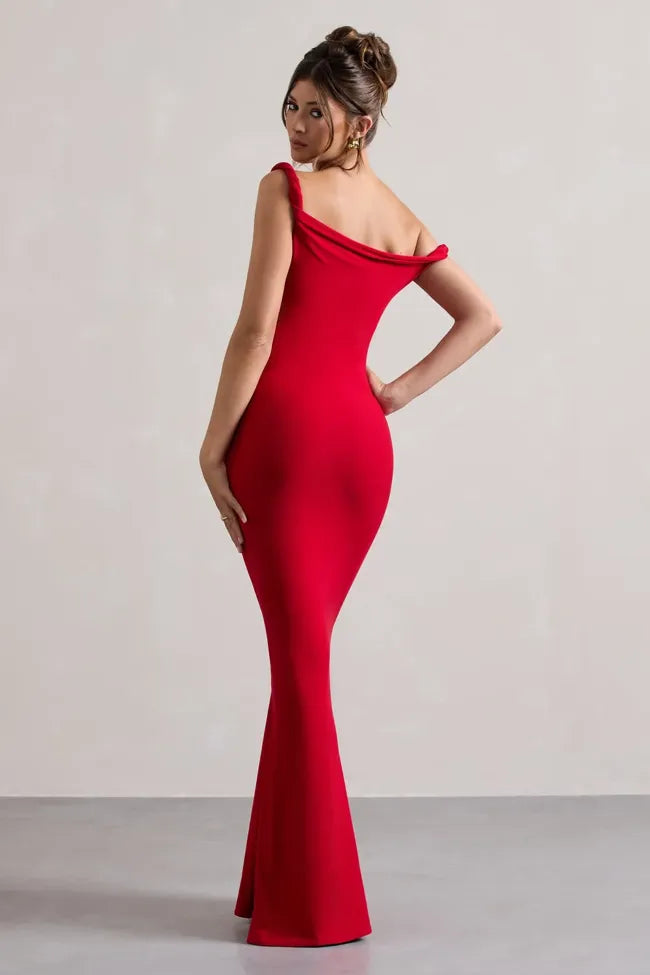 One Shoulder Mermaid Maxi Dress // Red