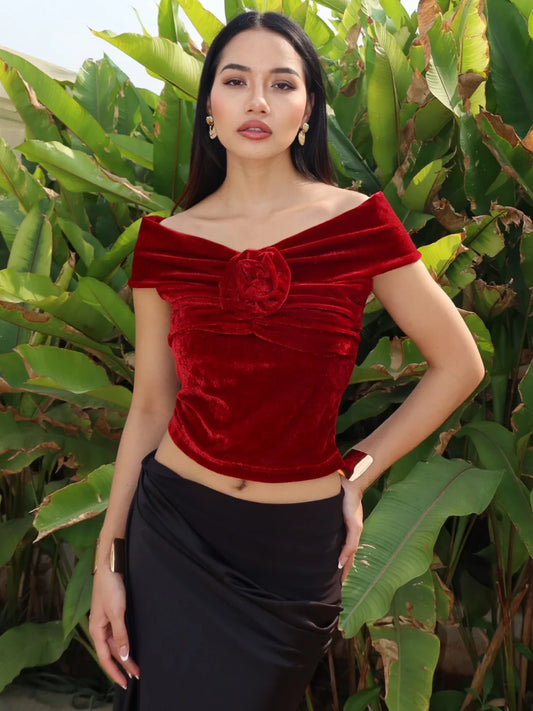 Velvet Off-Shoulder Rose Top // Rich Red