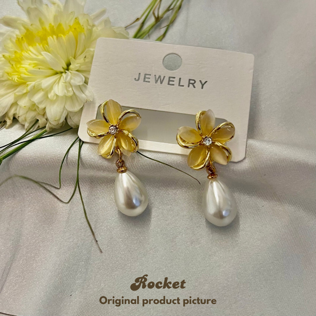 Flower Pearl Drop Earrings // Gold