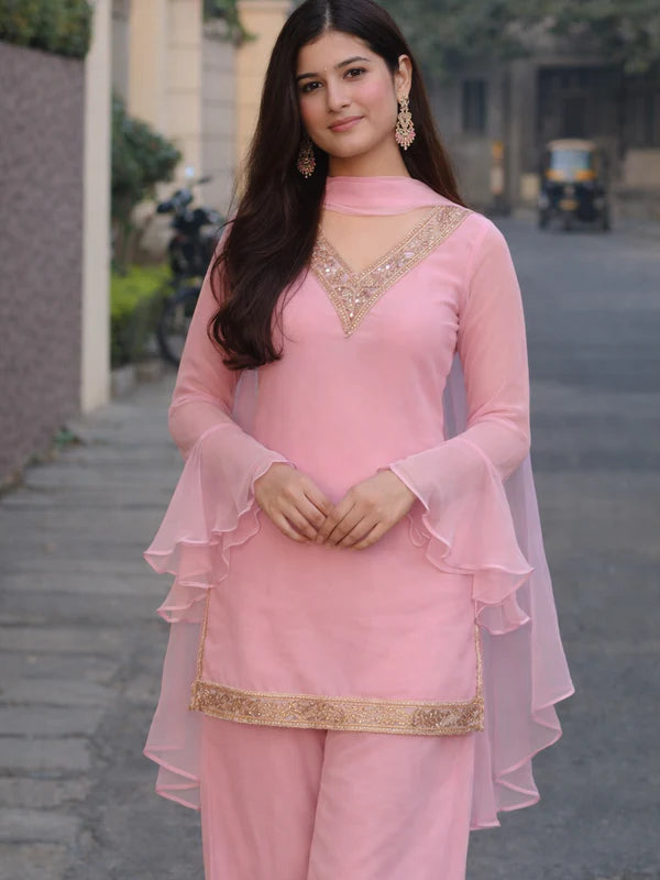 Baby Pink // 3pc Kurta Set with Palazzo & Dupatta