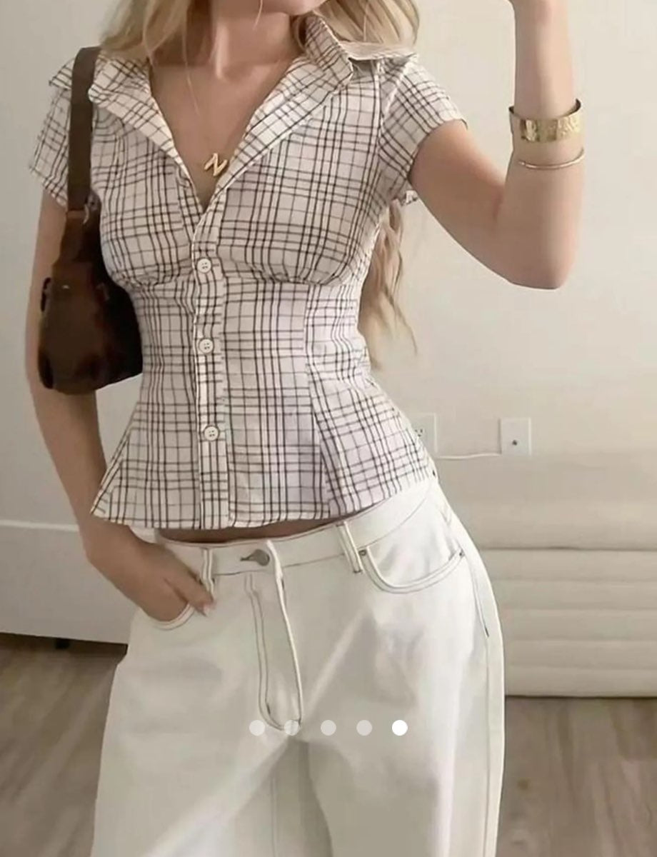 Plaid Short Sleeve Fitted Shirt // Apricot