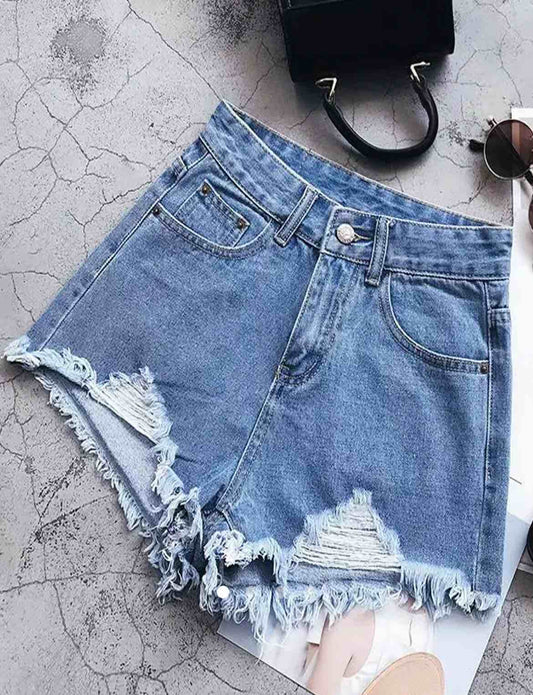 Ripped Denim Wide Leg Shorts // Blue