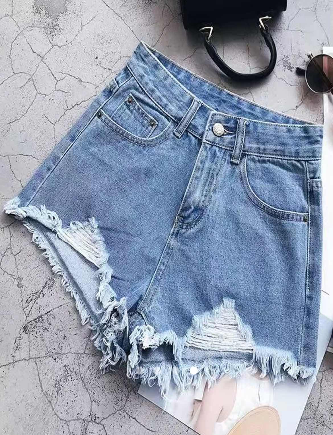 Ripped Denim Wide Leg Shorts // Blue