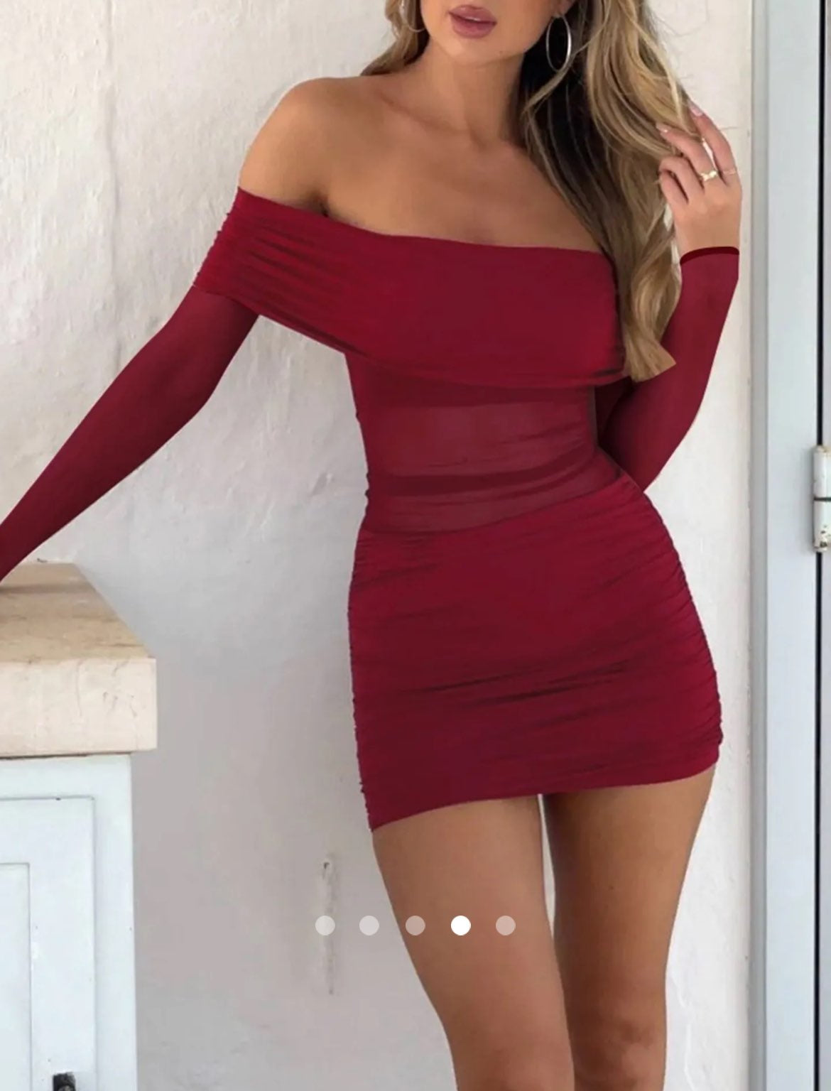 Off-Shoulder Sheer Dress // Burgundy
