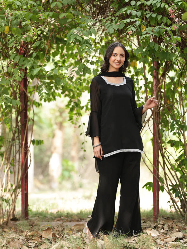 Black // 3pc Kurta Set with Palazzo & Dupatta