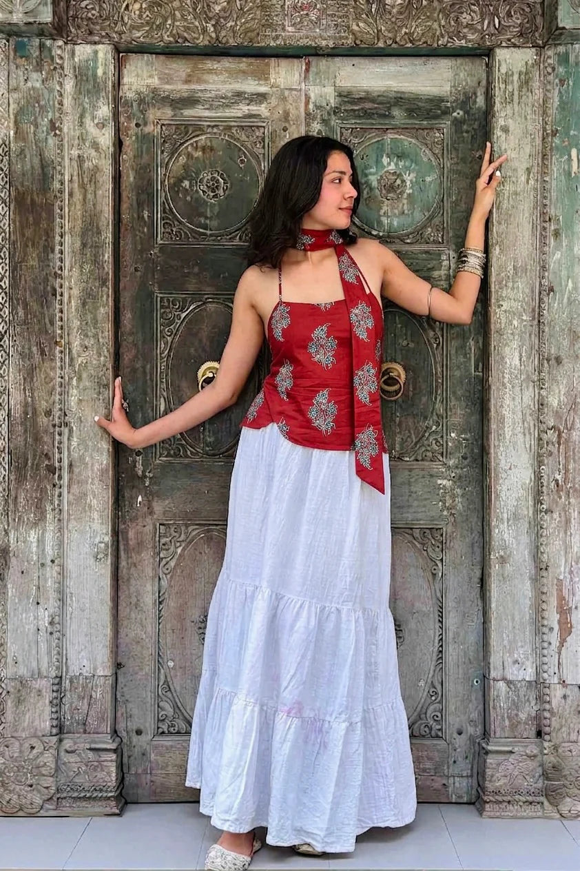 Munni Cotton Top with Scarf // Red