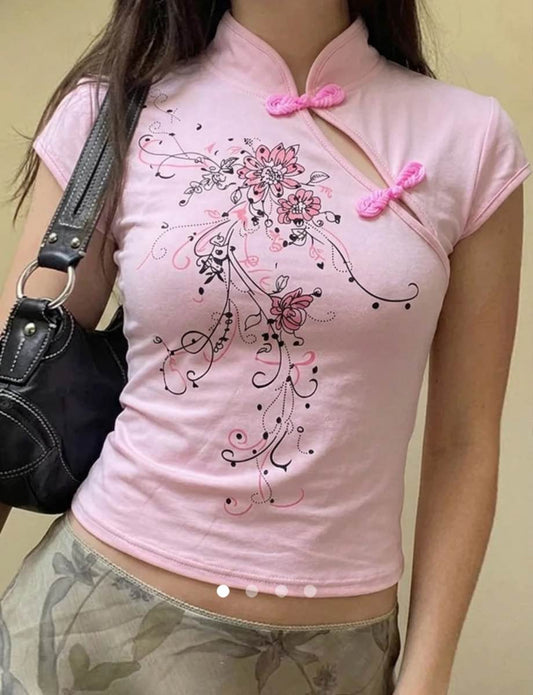 Button Half Placket T-Shirt // Pink