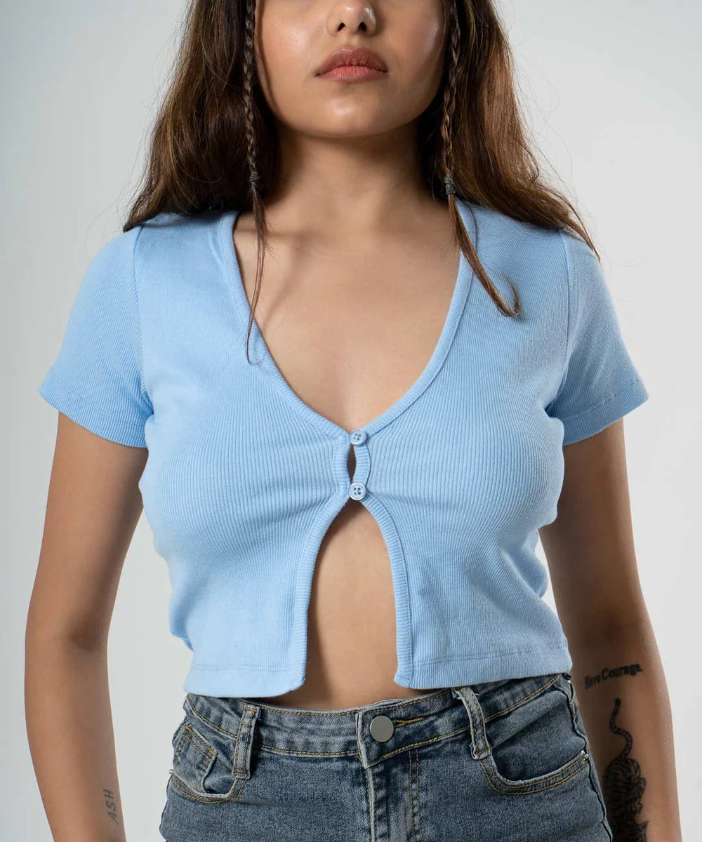 BTclub // Ribbed Button Top - Light Blue