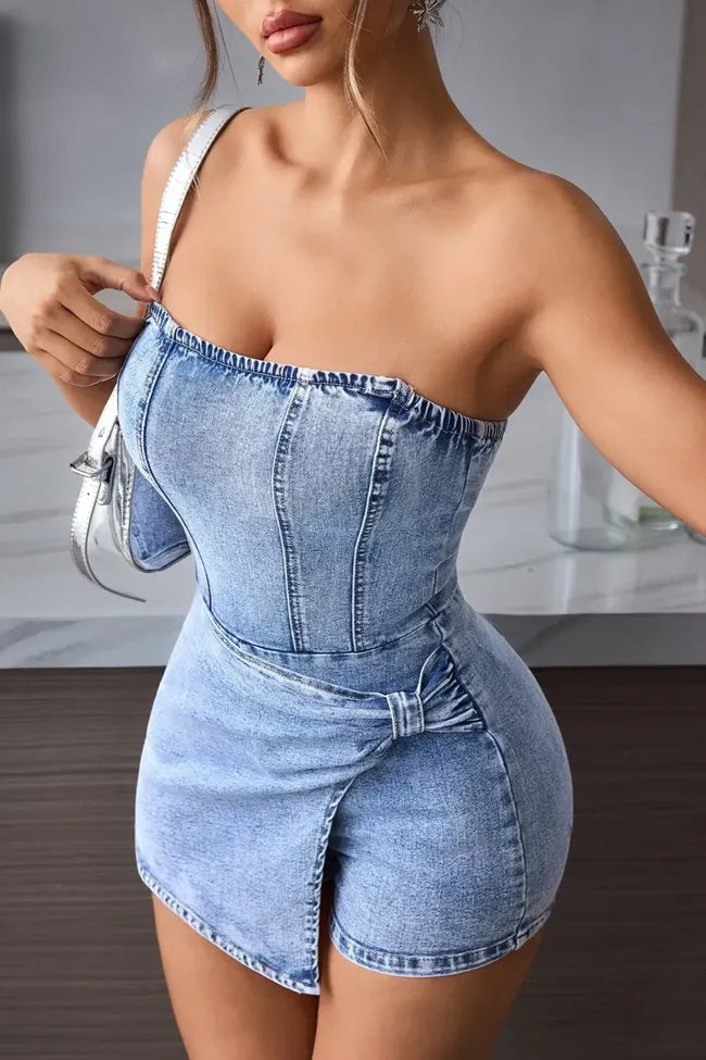 Denim Tube Neck Playsuit Dress // Blue