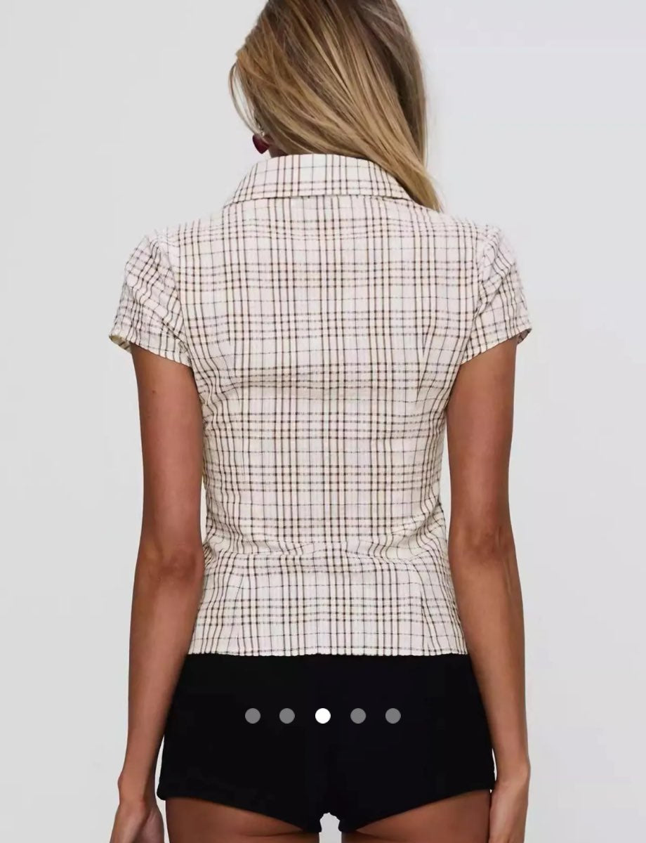 Plaid Short Sleeve Fitted Shirt // Apricot