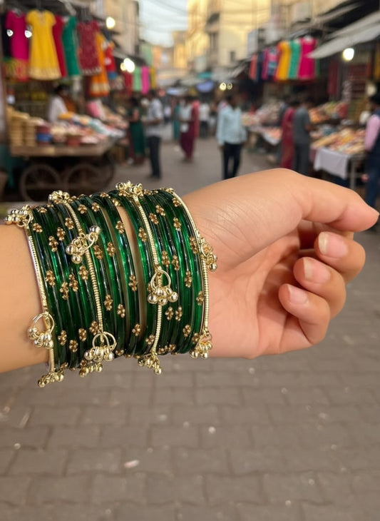 12 Bangles + 4 Ghungroo Set // Dark Green