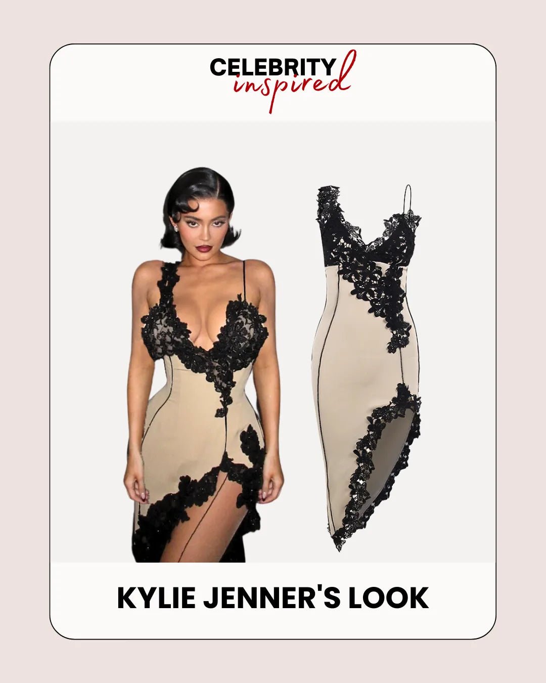 kylie jenner black and beige dress Kylie Jenner Celebrates Her New Meta Glasses in a Vintage Rosette Halter Dress in Beige Leather