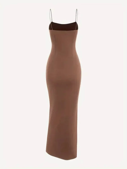 Square Neck Slit Maxi Dress // Brown
