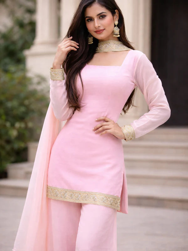 Blush Pink // 3pc Kurta Set with Palazzo & Dupatta