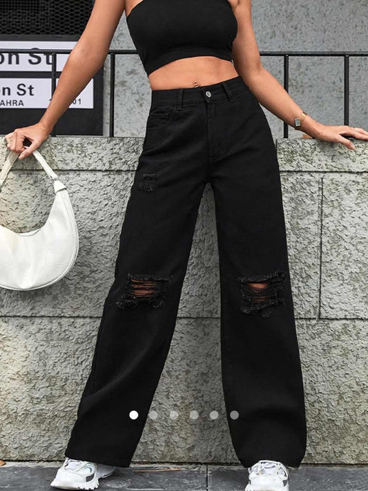 Ripped Straight Leg Jeans 005 // Black