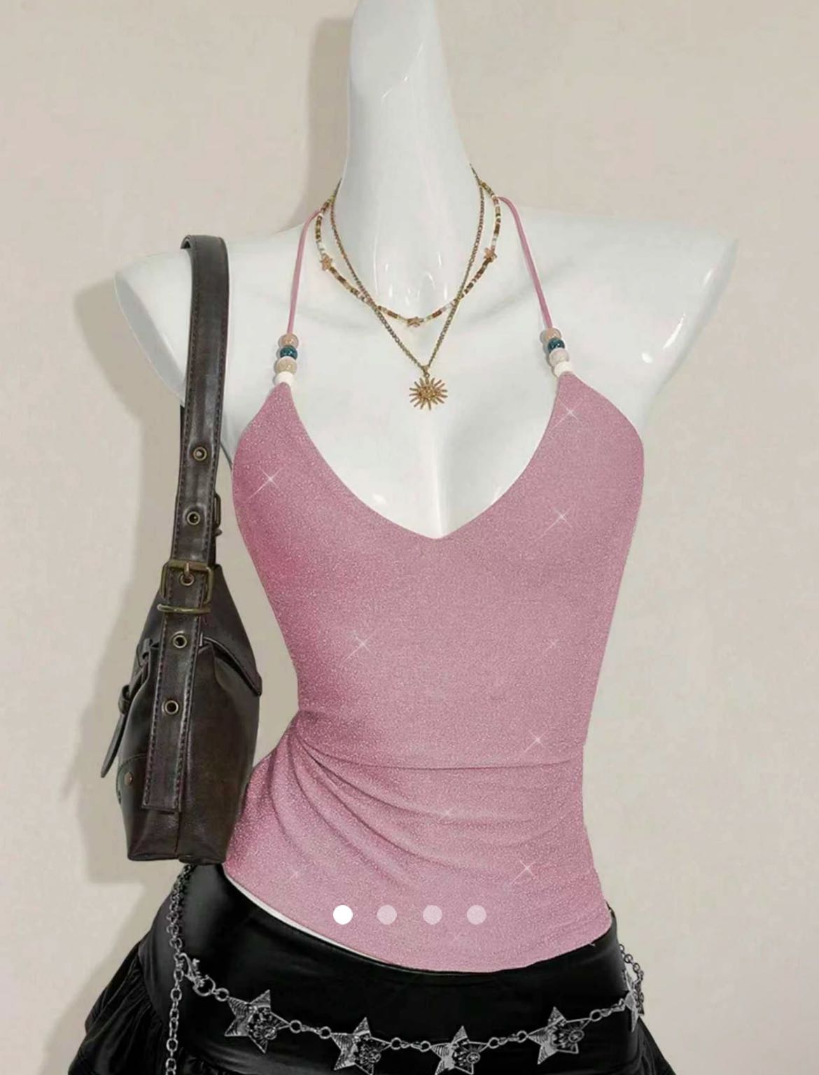 Beads Metallic Halter Top // Pink