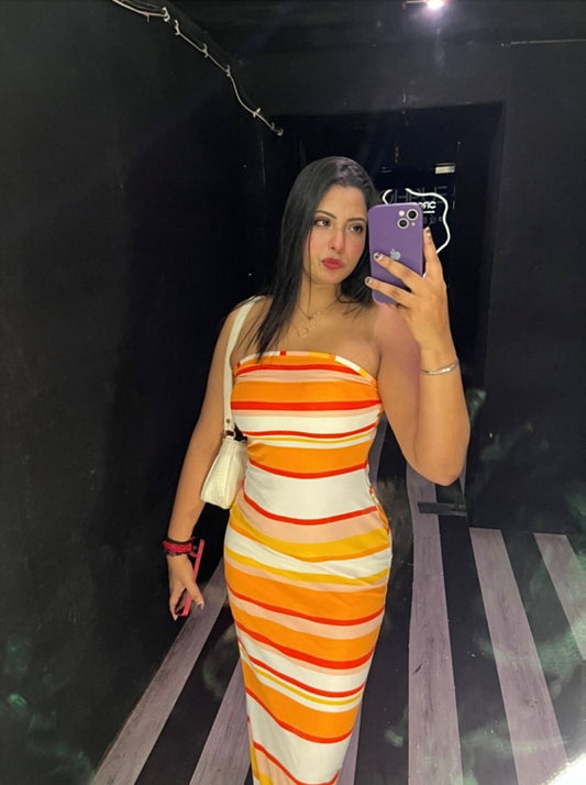 Tube Striped Maxi Dress // Orange