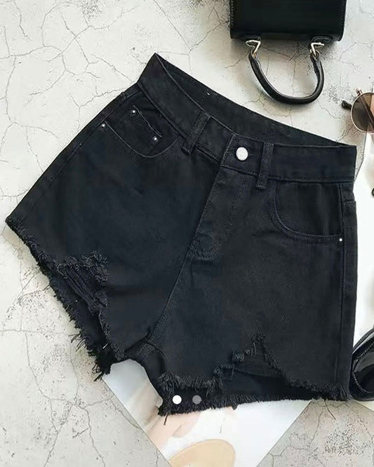 Ripped Denim Wide Leg Shorts // Black