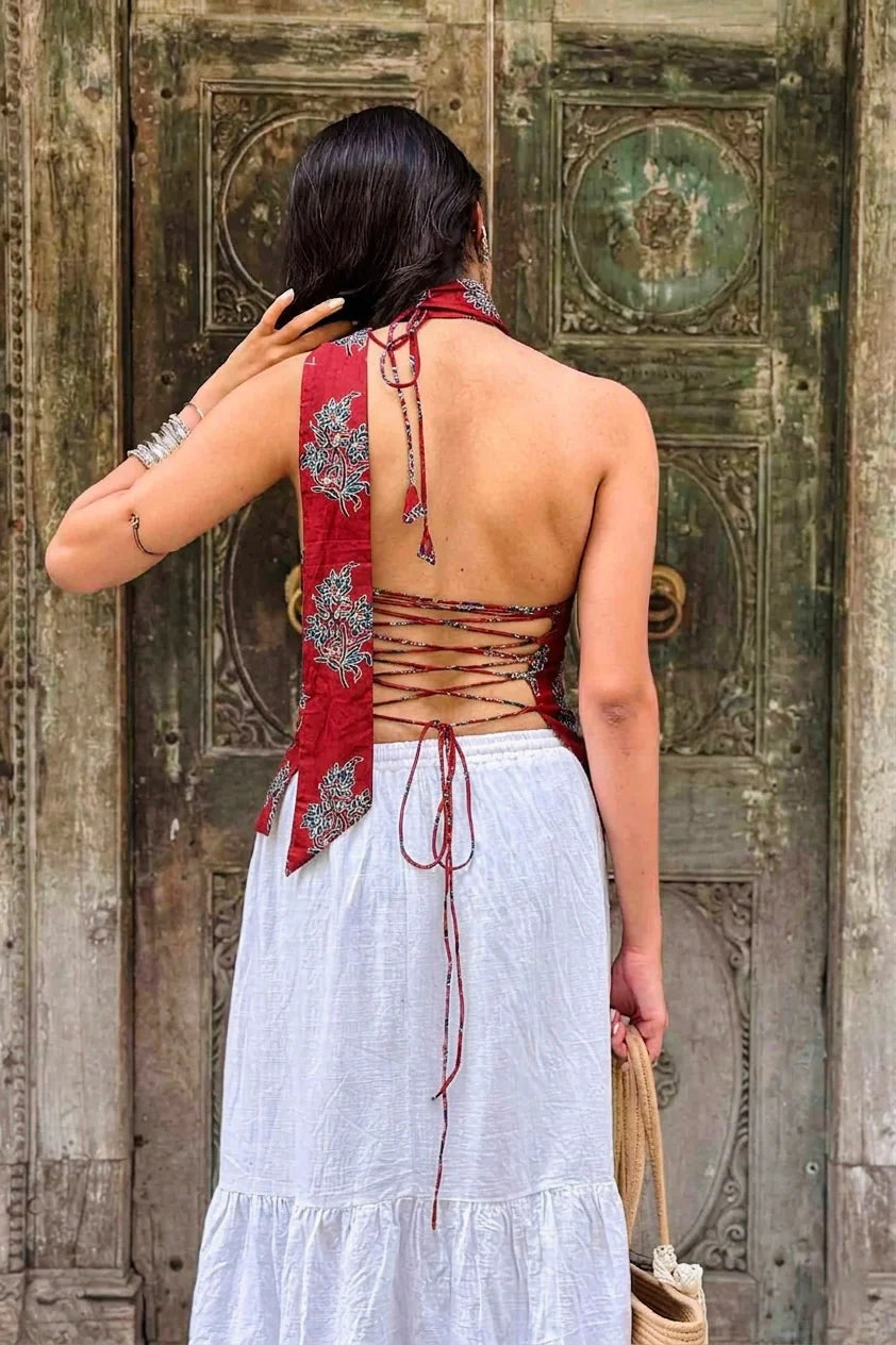 Munni Cotton Top with Scarf // Red