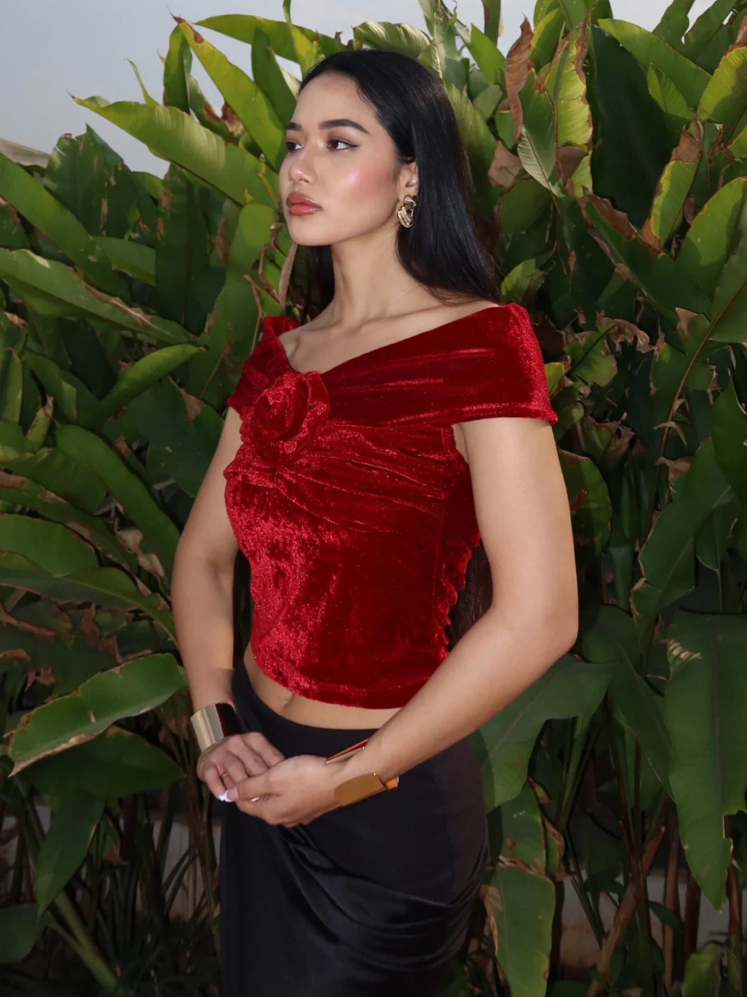 Velvet Off-Shoulder Rose Top // Rich Red