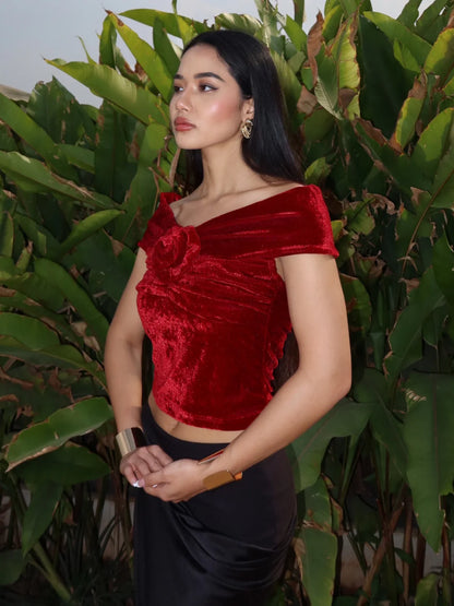 Velvet Off-Shoulder Rose Top // Rich Red