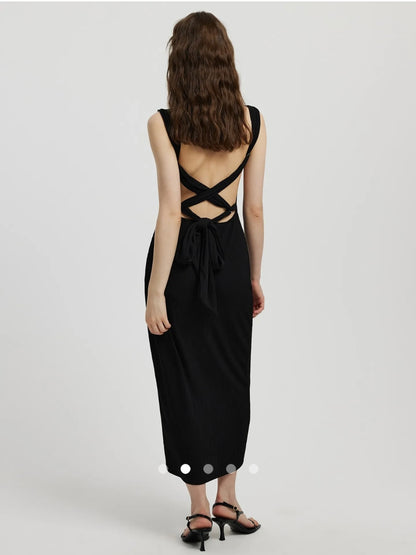 Square Neck Backless Dress // Black