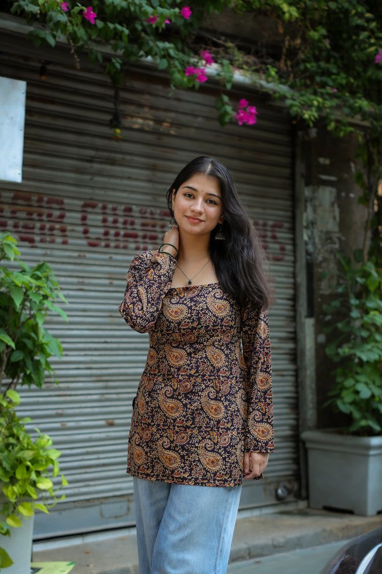 Masakali Hand Block Short Kurti (100% Cotton) // Brown
