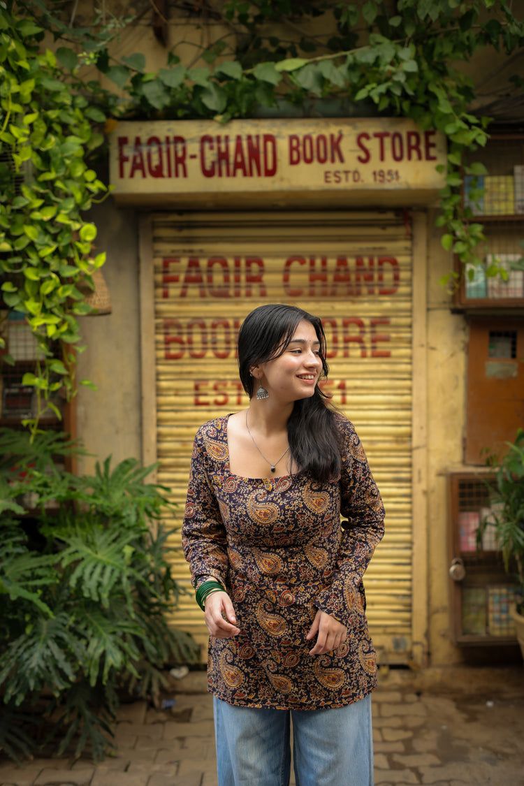 Masakali Hand Block Short Kurti (100% Cotton) // Brown