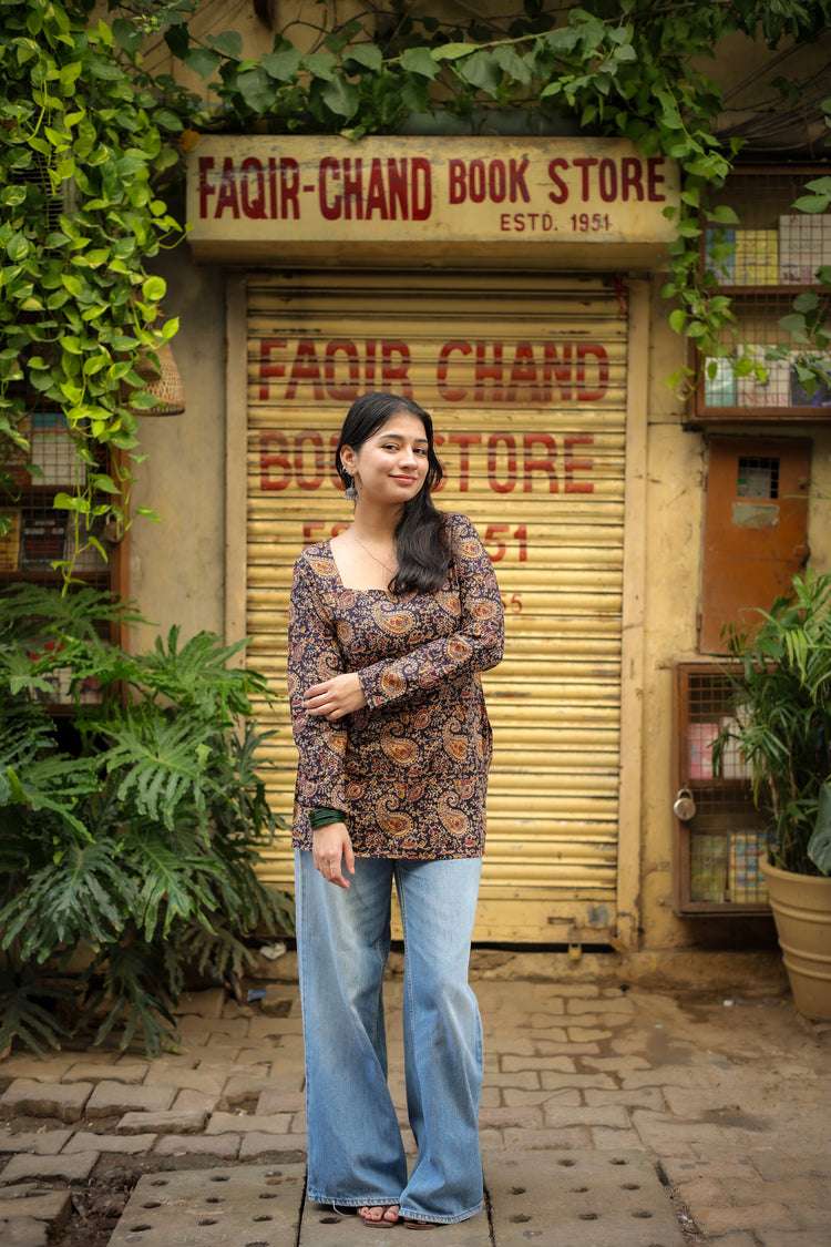 Masakali Hand Block Short Kurti (100% Cotton) // Brown