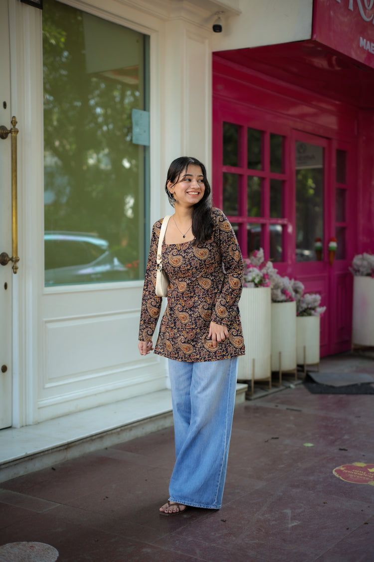Masakali Hand Block Short Kurti (100% Cotton) // Brown