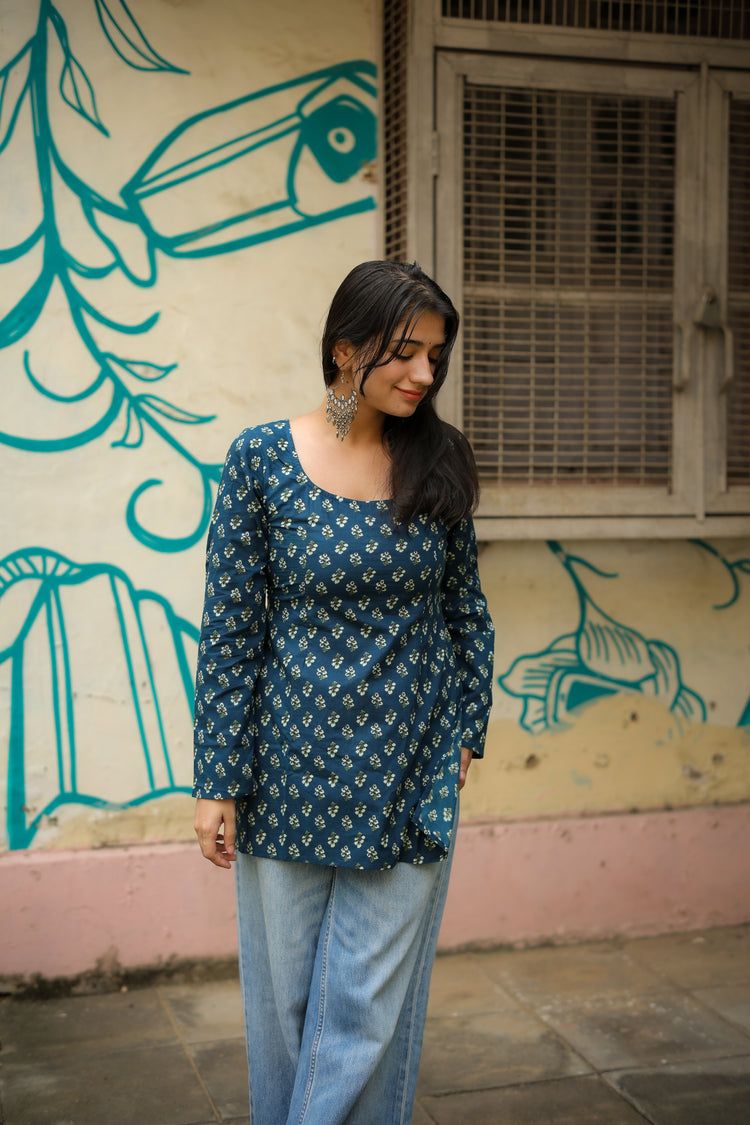 Nazar Hand Block Short Kurti (100% Cotton) // Blue