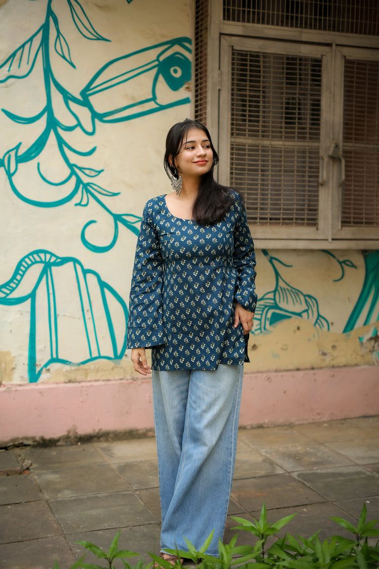 Nazar Hand Block Short Kurti (100% Cotton) // Blue