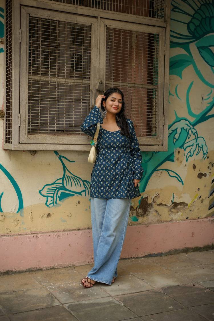 Nazar Hand Block Short Kurti (100% Cotton) // Blue