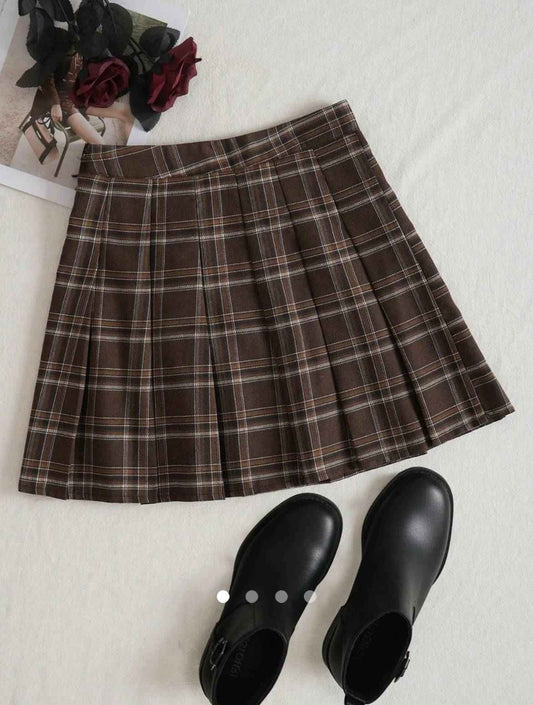Twill Woven Pleated Skirt // Brown