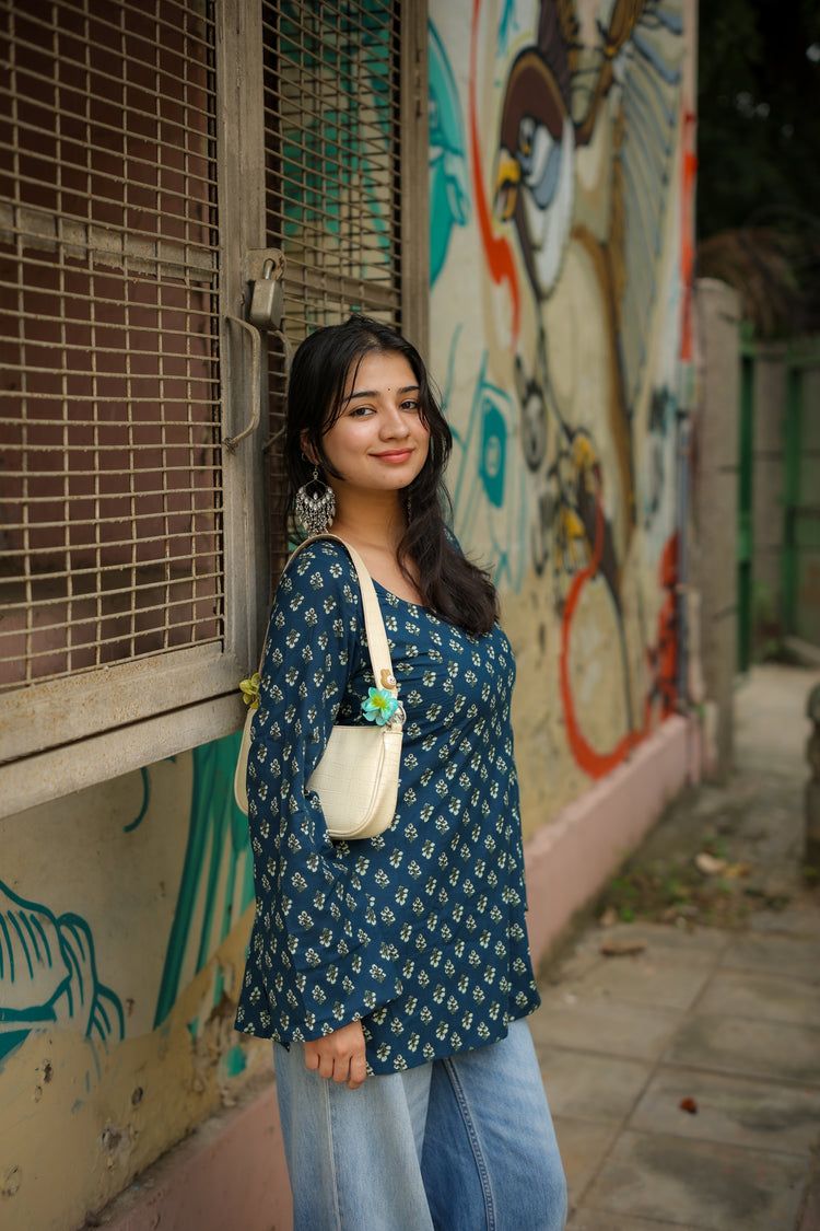 Nazar Hand Block Short Kurti (100% Cotton) // Blue