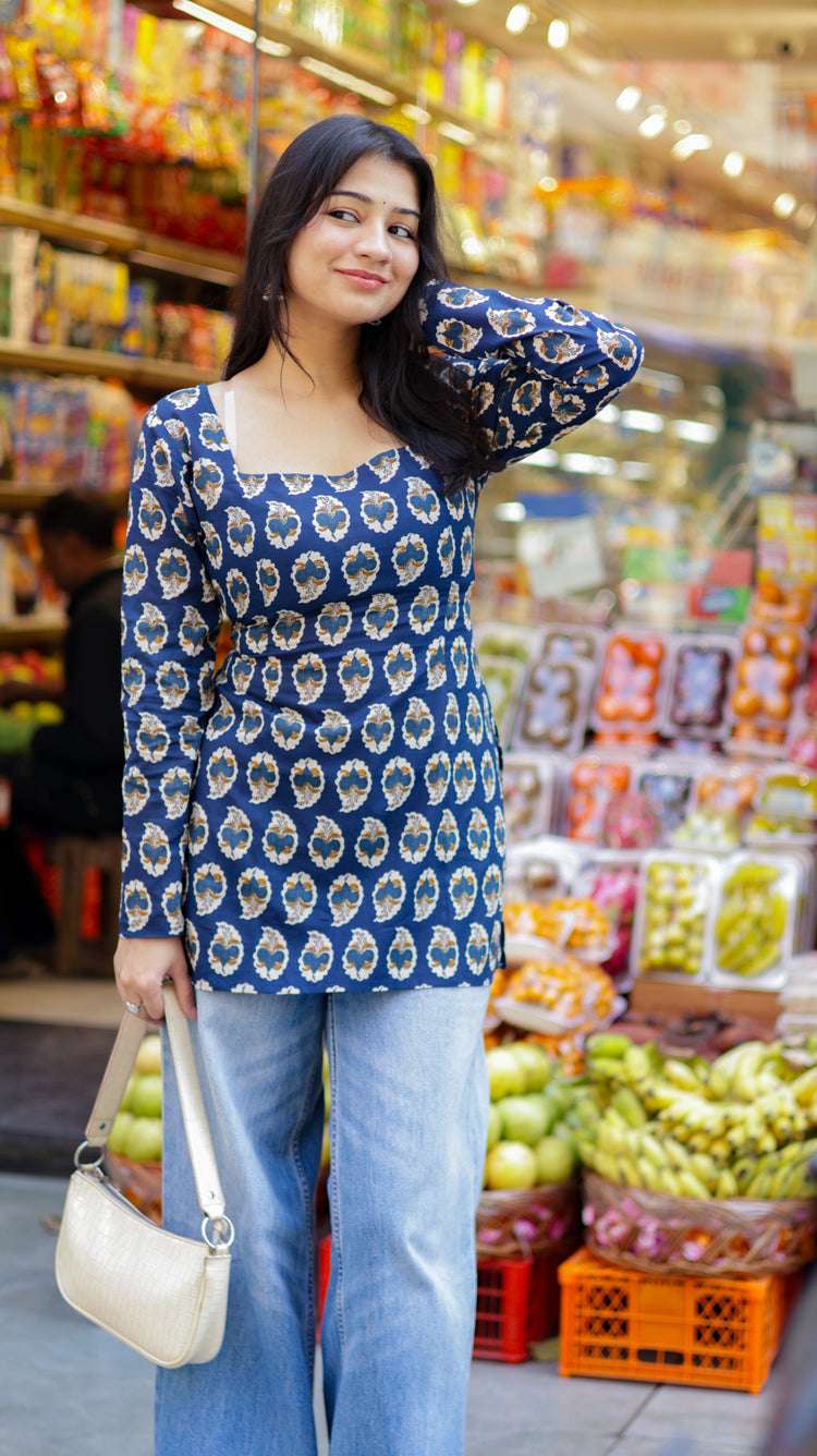 Bela Short Kurti (100% Cotton ) // Blue