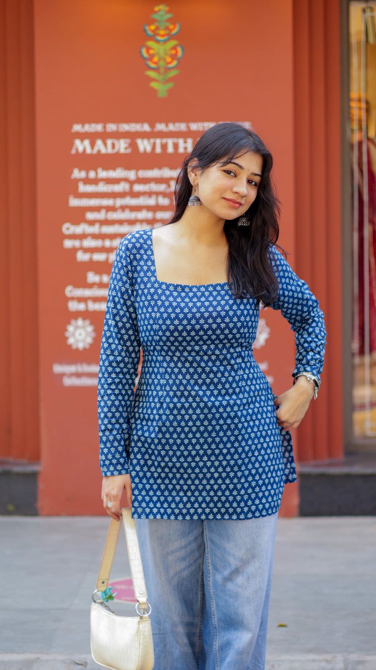 Rimjhim Indigo Short Kurti (100% Cotton ) // Blue